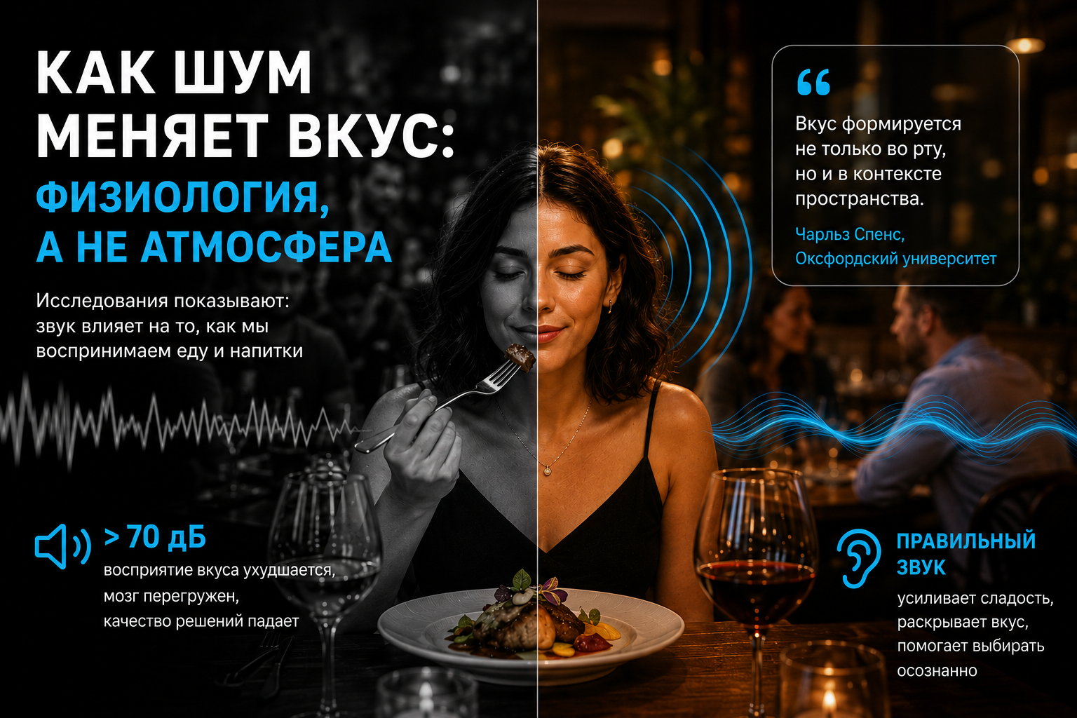 Как шум выше 70 дБ меняет восприятие вкуса еды в ресторане